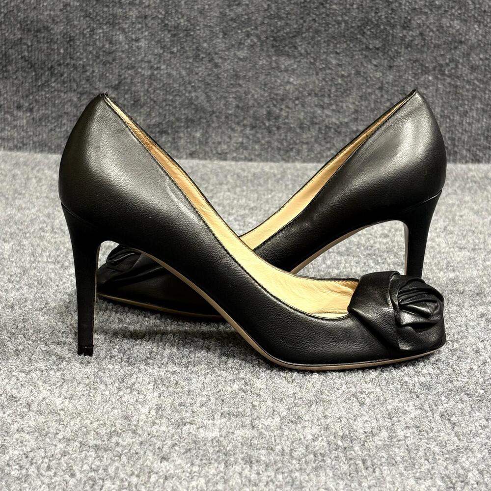 Valentino Garavani Shoes Womens 5.5 Black Leather Peep Toe Rosette Heels Pumps